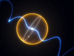 A strange pair: The picture shows the PSR J1719-1438 millisecond pulsar with 5.7 ms pulse period in the centre and the orbit of the planet compared to the size of the sun (marked in yellow).
