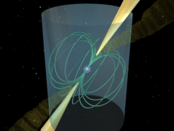 Schematische Darstellung eines Pulsars. Pulsare stellen die genauesten natürlichen Uhren dar, die man bisher kennt.