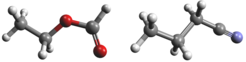Two new highly complex organic molecules detected in space. Left: Ethyl formate (C2H5OCHO), Right: n-Propyl cyanide (C3H7CN). Colour code of the atomic constituents of both molecules: hydogen (H): white, carbon (C): grey, oxygen (O): red and nitrogen (N): blue.