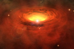 Künstlerische Darstellung des Staubrings um den Stern WOH G64 in der Großen Magellanschen Wolke. Der Durchmesser dieses Überriesensterns ist so groß wie die Bahn des Saturn in unserem Sonnensystem. Die innere Lücke in der Staubscheibe (gelb) ist bereits 120-mal größer als die Erdbahn um die Sonne.
