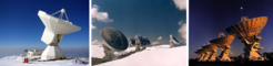 Radioteleskope, mit denen die Entdeckung von Aminoacetonitril im Weltraum möglich wurde: das IRAM 30-Meter-Teleskop in Spanien (links), das IRAM Plateau-de-Bure-Interferometer in Frankreich (Mitte) sowie das Australia Telescope Compact Array (rechts).