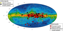 Discoveries of the HTRU pulsar surveys as of January 2015 overlayed on the 408-MHz-Survey (Haslam et al. 1982, A&AS 47, 1)