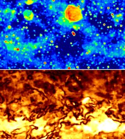 Total intensity (top) and polarised (bottom) emission at 1.4 GHz in the anti-centre area