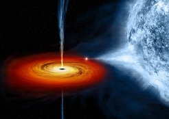 An artist's impression of an x-ray binary leading to the formation of a fast spinning millisecond pulsar.