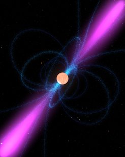 Nach unbekannten Neutronensternen durchsucht das Projekt Einstein@Home, in dem unzählige Privatrechner zu einem Supercomputer vernetzt werden, die Daten von Radioteleskopen. Diese künstlerische Darstellung zeigt einen Neutronenstern, das ihn umgebende starke Magnetfeld (blau) und den schmalen Strahl an Radiowellen (magenta) über seinen magnetischen Polen. Wenn der Strahl des sich drehenden Sterns über die Erde streicht, lässt sich der Neutronenstern als Pulsar entdecken.