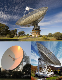 Die drei Radioteleskope, die genutzt wurden, um die 24 Pulsare zu entdecken, zu bestätigen beziehungsweise zu untersuchen: Das Parkes Radio Teleskop der australischen Wissenschaftsorganisation CSIRO (oben), das Lovell Teleskop am englischen Jodrell Bank Observatorium (unten links) und das 100-m Radio-Teleskop in Effelsberg, das zum Max-Planck-Institut für Radioastronomie gehört.