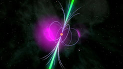 Ein Gammapulsar ist ein kompakter Neutronenstern, der in seinem extrem starken Magnetfeld geladene Teilchen auf relativistische Geschwindigkeiten beschleunigt. Dabei entsteht unter anderem Gammastrahlung (violett) weit über der Oberfläche des kompakten Sternrests, während Radiowellen (grün) kegelförmig über den Magnetpolen ausgesendet werden. Die Rotation schwenkt die Abstrahlungsgebiete über die irdische Sichtlinie und lässt den Pulsar so periodisch am Himmel aufleuchten.