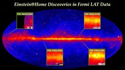 All four gamma-ray pulsars discovered by Einstein@Home lie in the plane of our Milky Way, as shown in this sky map using data from Fermi's Large Area Telescope (LAT). The plane is apparent as an area of particularly intense gamma radiation; brighter colors indicate more intense radiation. The insets show the four pulsars as point sources. The flags indicate the nationalities of the Einstein@Home volunteers whose computers made the discoveries.