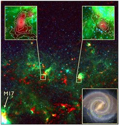The ATLASGAL survey coverstwo thirds of the surface area of the Galaxy within 50,000 light years of the Galactic center. Thus it includes practically all (97%) of the star-formation within the Solar Circle, i.e. the inner Galaxy. The image displays a part of ATLASGAL, a region located between the giant molecular complexes called W33 and M17 in the Sagittarius constellation. Zooms in color scale show the 3-color emission from the mid-infrared GLIMPSE survey, and sub-millimeter dust emission from ATLASGAL is shown in red and traced with contours. One region corresponds to a cold, pristine massive clump (upper left inset), and another one to a young massive star (upper right inset). Both objects have sizes of only a few light-years across. In the lower right inset we present a schematic of the Milky Way and show the position of the Solar Circle (green) and region of the Galaxy covered by ATLASGAL (shaded region).