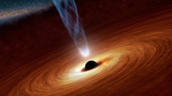 An artist’s view of the nuclear region of an active galaxy: a disk of accreting material (brown/yellow) spirals in onto the central supermassive black hole (black). A powerful, collimated radio jet (blue) is launched perpendicular to the disk. Inside the jet gamma-ray photons are also produced. The new findings demonstrate that the gamma-ray emission originates from the innermost region of the radio jet (white). For the active galaxy 3C 454.3 the authors estimate a distance of only a few light years from the supermassive black hole. The galaxy is in the direction of Pegasus and its signal reaches Earth after a light travel time of approx. 7 billion years.