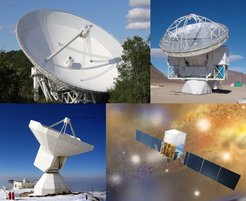 Telescopes utilized for the data acquisition in the radio and y-ray regime. Clockwise from upper left: Effelsberg 100m, APEX 12m, Fermi g-ray observatory and IRAM 30m.