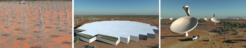 (Links) Der niederfrequente Teil des SKA (phased array) wird aus einer Vielzahl von einfachen Dipolen bestehen und zwischen 50 und 350 MHz operieren.(Mitte) Der mittlere Frequenzbereich des SKA (dense aperature array) wird aus einer großen Anzahl von Antennenelementen bestehen und voraussichtlich zwischen 350 und 1000 MHz operieren. Jedes Antennenelement besteht aus einer Vielzahl von einzelnen Bodenplatten, die wiederum aus einer Vielzahl von einfachen Dipolen zusammengebaut sind.(Rechts) Der hochfrequente Teil wird aus einer Vielzahl von parabolförmigen Antennen mit einem Durchmesser von 12 oder 15 Metern bestehen. Diese Antennen werden im Frequenzbereich zwischen 350 MHz und 14 GHz eingesetzt.