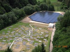 Abb. 1: Die erste deutsche LOFAR-Station in Effelsberg. Im Vordergrund die 96 Antennen für den Bereich 10–80 MHz ("Lowband"), aus je vier aufgespannten Drähten (2 Dipole). Die 96x16 Antennen für 110–240 MHz ("Highband") im Hintergrund sind in Styroporkästen eingelassen und mit Folie abgedeckt. In der Bildmitte rechts ist der Container mit der Elektronik für die Digitalisierung und Phasenverzögerung der Daten zu erkennen.