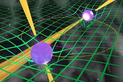 Schematische Darstellung des Doppelpulsars und der von ihm verursachten Raumkrümmung. In der Nähe der beiden Neutronensterne ist der Raum millionenfach stärker gekrümmt, als in der Umgebung der Sonne.
