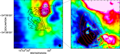 Links: Kohlenmonoxid-Emission des massereichen Sternentstehungsgebiet G327.3-0.6 beobachtet mit dem APEX-Teleskop. Rechts: Zoom in die Molekülwolke mit Emission von N2H+- und CH3OH-Moleküllinien in roten and schwarzen Konturen. Der Farbhintergrund zeigt ein Infrarot-Bild des Spitzer-Weltraumteleskops der Region.