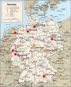 Standorte der ersten 8 geplanten LOFAR-Stationen in Deutschland sowie des LOFAR-Kerns bei Exloo in den Niederlanden.