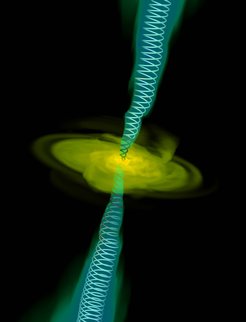 A computer simulation of gas (in yellow) falling into a black hole (too small to be seen). Twin jets are also shown with magnetic field lines.