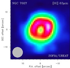 First-light observations by the GREAT H-channel on SOFIA: map of planetary nebula NGC 7027 in the neutral oxygen emission line at 63 microns. The effective angular resolution is indicated by the gray circle at lower left.
