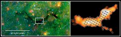 In the left panel the “Snake” is seen as a dark silhouette against the diffuse mid–infrared glow of the Milky Way. The right panel zooms in on a dense section of the cloud that is outlined by a box in the overview panel. The background false–color image and contours indicate emission from cold dust. Markers give the magnetic field orientation derived from polarization observations.