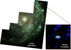Left: Optical image of the galaxy NGC 2276, taken with the Hubble Space Telescope. Right: The image is a zoom into the radio structure of the newly found source NGC 2276-3c in one of the galaxy’s spiral arms at high resolution.The radio image, observed with the European VLBI Network shows details of only a few light years in extension.