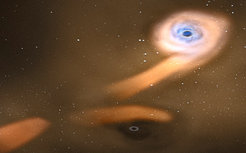 Abb. 3: Künstlerische Darstellung eines Paares Schwarzer Löcher im Kern der Galaxie SDSSJ1201+3003.