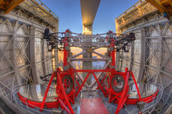 The Large Binocular Telescope (LBT) is composed of two 8.4 m diameter mirrors on a common mount. By combining the light through interferometry, the LBT provides the resolution of a 22.8 m telescope.
