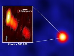 Galaxy in false colours: The chart shows IC 310 in the gamma ray range. The inset zooms into the centre of the galaxy and shows details of the jet, taken in the radiowave range by the European VLBI Network. The contour lines describe the jet’s structure, which starts near the black hole at the heart of IC310.