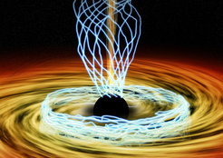 Künstlerische Darstellung des Schwarzen Lochs im Zentrum unserer Milchstraße, umgeben von einer Akkretionsscheibe aus heißem Gas. Der Verlauf des Magnetfelds wird durch die blauen Linien angezeigt. Das Event-Horizon-Teleskop konnte zum ersten Mal diese Magnetfelder messen, und zwar mit einer Genauigkeit von nur sechs Schwarzschildradien (oder dem sechsfachen des Ereignishorizonts). Die Feldlinien in der Scheibe selbst zeigen einen chaotischen Verlauf, mit verwirbelten Schleifen und Windungen ähnlich wie miteinander verflochtene Spaghetti. Andere Regionen haben ein eher reguläres Magnetfeld, möglicherweise gerade in den Bereichen, in denen die Jets (im Bild dargestellt als schmale gelbe Ausströmung senkrecht zur Scheibe) erzeugt werden.