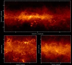 Abbildungen von drei unterschiedlichen Bereichen der Milchstraße, basierend auf hochaufgelösten Beobachtungen mit der APEX-LABOCA-Kamera in Verbindung mit Daten vom Planck-Satelliten der ESA. Oben: 6 x 3 Grad- Feld zentriert auf das Galaktische Zentrum in Richtung des Sternbilds „Schütze“. Das helle Objekt direkt links vom Zentrum des Bildes ist Sgr B2. Unten links: Himmelsregion in Richtung des Sternbilds “Skorpion”mit NGC 6334 als hellster Quelle (vgl. überlappendes Feld in Abb. 2). Unten rechts: Himmelsregion in Richtung des Sternbilds „Schild“.