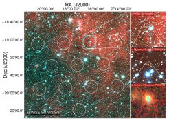 The infrared image on the left shows the field of view of the Parkes radio telescope with the area where the signal came from marked in cyan. On the right are successive zoom-ins on that area. At the bottom right is the Subaru optical image of the FRB galaxy, with the superimposed elliptical regions showing the location of the fading 6-day afterglow seen with ATCA.