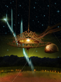 Das 305m-Arecibo-Radioteleskop und seine Instrumentenplattform in 140 m Höhe über dem Spiegel, fotografiert in einer sternklaren Nacht. Aus großer Entfernung im Universum bewegt sich eine Sequenz von Radioblitzen von jeweils nur wenigen Millisekunden Dauer in Richtung des Teleskopspiegels, wird dort reflektiert und vom Empfänger an der Plattform aufgenommen. Diese Art von Radiosignalen bezeichnet man als schnelle Radiostrahlungsausbrüche, und Arecibo ist das erste Teleskop, mit dem ein wiederholter Ausbruch von derselben Quelle nachgewiesen werden konnte.