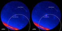 Der Gammahimmel im Umfeld des Blazars PKS B1424-418, aufgenommen mit dem LAT-Detektor an Bord des Fermi-Gammastrahlungsobservatoriums. Die Farben zeigen die Intensität der Gammastrahlung. Der gestrichelte Kreis zeigt den Wahrscheinlichkeitsbereich am Himmel, in dem das Big Bird Neutrinoereignis stattgefunden hat (50% Konfidenz-Level). Links: Fermi-LAT-Daten, gemittelt über 300 Tage um den 8. Juli 2011, während denen der Blazar nicht aktiv war. Rechts: Fermi-LAT-Daten, gemittelt über 300 Tage um den 27. Februar 2013, während denen PKS B1424-418 den hellsten Blazar in diesem Bereich des Himmels darstellte.