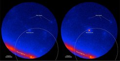 Fermi LAT images showing the gamma-ray sky around the blazar PKS B1424-418. Brighter colors indicate greater numbers of gamma rays. The dashed arc marks part of the source region established by IceCube for the Big Bird neutrino (50-percent confidence level). Left: An average of LAT data centered on July 8, 2011 covering 300 days when the blazar was inactive. Right: An average of 300 active days centered on Feb. 27, 2013, when PKS B1424-418 was the brightest blazar in this part of the sky.