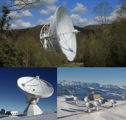 Three telescopes participating in the Global Millimetre VLBI Array (GMVA): MPIfR’s Effelsberg 100m (above), IRAM’s Pico Veleta 30m (lower left) and Plateau de Bure 15m telescopes (lower right).