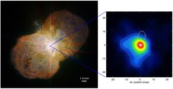 Links: der Homunkulus-Nebel um das massereiche Doppelsternsystem Eta Carinae. Rechts: hochaufgelöstes Bild der Windkollisionszone im Zentralbereich von Eta Carinae. Dieses Gebiet ist rund hundertmal größer als der Durchmesser von jedem der beiden Sterne. Die gelbe Ellipse zeigt die Umlaufbahn des Doppelsternsystems und die zwei roten Punkte die Positionen der beiden Sterne zum Zeitpunkt der Beobachtung.