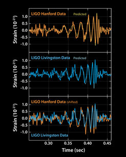 Signale der am 14. September 2015 mit den beiden LIGO-Detektoren in Livingston, Louisiana, und Hanford, Washington, entdeckten Gravitationswellen von zwei kollidierenden Schwarzen Löchern von jeweils rund 30 Sonnenmassen in einer Entfernung von 1,3 Milliarden Lichtjahren.