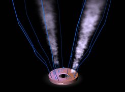 Schematische Darstellung des turbulenten Masseninjektionsprozesses von der Akkretionsscheibe eines supermassereichen Schwarzen Lochs in ein globales Magnetfeld.