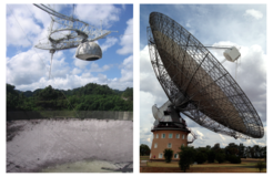 Abb. 2: Das Arecibo Radioteleskop in Puerto Rico, USA (links). Das Parkes Radioteleskop in Parkes, Australien (rechts).
