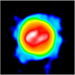 First image of the red supergiant Antares, which shows the stellar disk (yellow) with two brighter regions (white) and the extended, clumpy atmosphere (blue) of the star. The huge size of Antares is about three times larger than the diameter of the orbit of the Earth or 700 times larger than the diameter of our Sun.