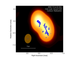 Comparison of the ground and space-VLBI images of 0836+710 at 22 GHz. The ground-VLBI image is plotted in colour scale, and the contours show the space-VLBI image. The observed flux asymmetry will be further studied with numerical simulations.