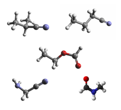 Organic molecules detected toward Sgr B2 with ALMA and the IRAM 30 m telescope. From top left to bottom right: iso-propyl cyanide, normal-propyl cyanide, ethyl formate, aminoacetonitrile, and N-methylformamide.
