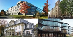 Die Standorte der Max-Planck-Institute bzw. assoziierten Einrichtungen in Bonn (von links oben im Uhrzeigersinn): MPI für Radioastronomie, Auf dem Hügel 69; MPI für Mathematik, Vivatsgasse 7; Forschungszentrum caesar, Ludwig-Erhard-Allee 2; und MPI zur Erforschung von Gemeinschaftsgütern, Kurt-Schumacher-Straße 10.