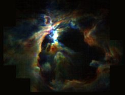 The powerful wind from the newly formed star at the heart of the Orion Nebula is creating the bubble (black) and preventing new stars from forming in its neighborhood. At the same time, the wind pushes molecular gas (color) to the edges, creating a dense shell around the bubble where future generations of stars can form.