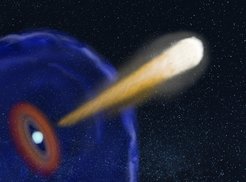 Künstlerische Darstellung des Materiejets, der nach der Verschmelzung zweier Neutronensterne entstanden ist.