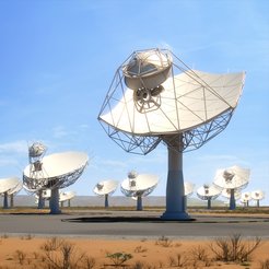 Artists rendition of the SKA-mid dishes in Africa. Such dish telescopes will work towards the upper range of radio frequencies of the SKA.