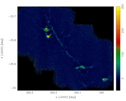 SABOCA-Karte von NGC6334, beobachtet am 14. Mai 2008 im OTF-Modus. Die gesamte Beobachtungszeit für diese großformatige Karte, einschließlich der Beobachtungen von Sekundärkalibratoren, betrug 1h 40min. Die Karteneinheiten sind Jy/beam.
