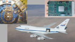 Abb. 1: SOFIA im Testflug. Durch die geöffnete Tür wird der Teleskopspiegel im hinteren Teil des Flugzeugs sichtbar. Links oben ist der unter Leitung des am MPIfR entwickelte GREAT-Empfänger am Montageflansch des Teleskops zu sehen. Die FFT-Spektrometer sind rechts oberhalb von GREAT angebracht; eine Platine ist recht oben gezeigt.