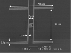 SEM image of the photomixer with integrated dual-dipole antenna design @ 1.05 THz