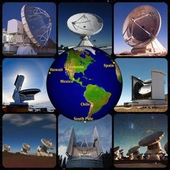 Abb. 1: Radioteleskope, die an den Messungen im Rahmen des Event-Horizon-Teleskops beteiligt waren (im Uhrzeigersinn Atacama Pathfinder Experiment Submillimeter Teleskop (APEX), Large Millimeter Teleskop Alfonso Serrano, James Clerk Maxwell Teleskop, Submillimeter Array, Atacama Large Millimeter/Submillimeter Array (ALMA), Arizona Radio Observatory Sub-Millimeter Teleskop (das frühere Heinrich Hertz Telescope), IRAM 30 Meter-Teleskop, Südpol-Teleskop.