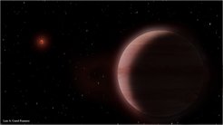 Bildliche Darstellung des Planetensystems TVLM 513–46546. Der neu gefundene Planet von der Größe des Saturn ist im Vordergrund zu sehen. Die Muttersonne, ein massearmer und kühler Brauner Zwerg, steht links im Hintergrund.